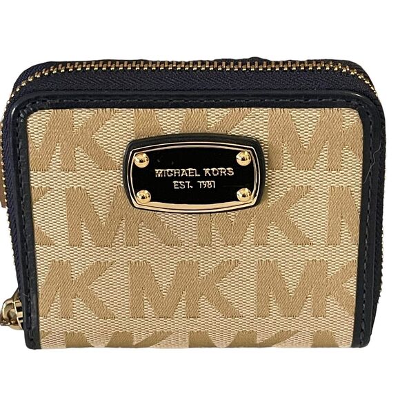 Michael Kors Bifold Wallet Small Zip Around Beige Camel Navy Blue Leather Trim - Picture 1 of 4